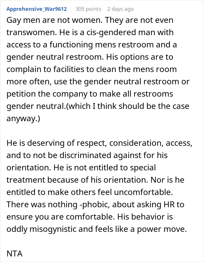 Comment discussing a gay man's use of the ladies&rsquo; restroom due to men's restroom being unsafe and a female colleague&rsquo;s frustration.