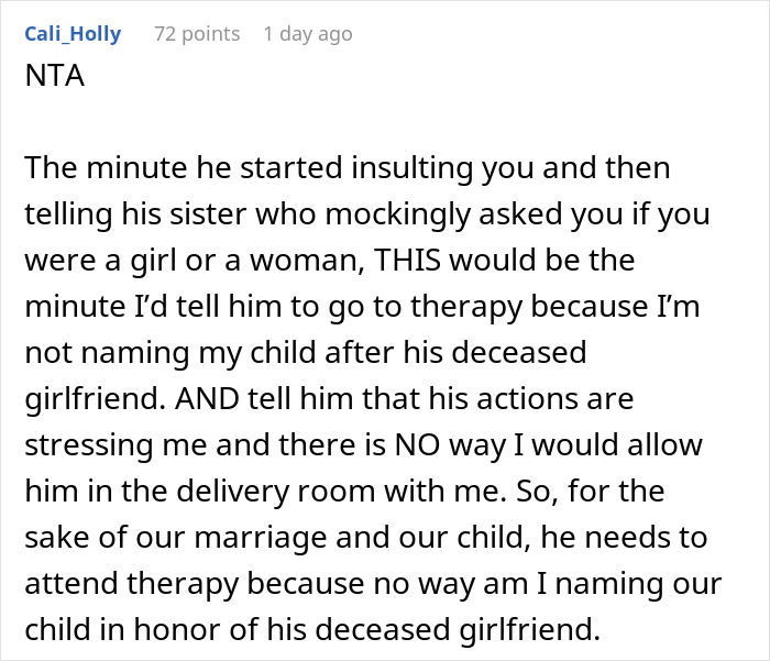 Alt text: Man upset as wife refuses to name baby after his deceased girlfriend, causing tension and need for therapy support. Alt text: Man upset as wife refuses to name baby after his deceased girlfriend, causing tension and need for therapy support.