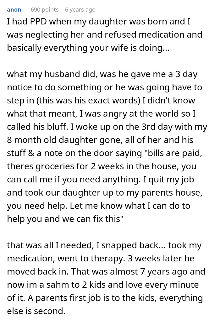 Commenter shares experience with postpartum depression and husband supporting her while wife leaves toddlers behind to party.