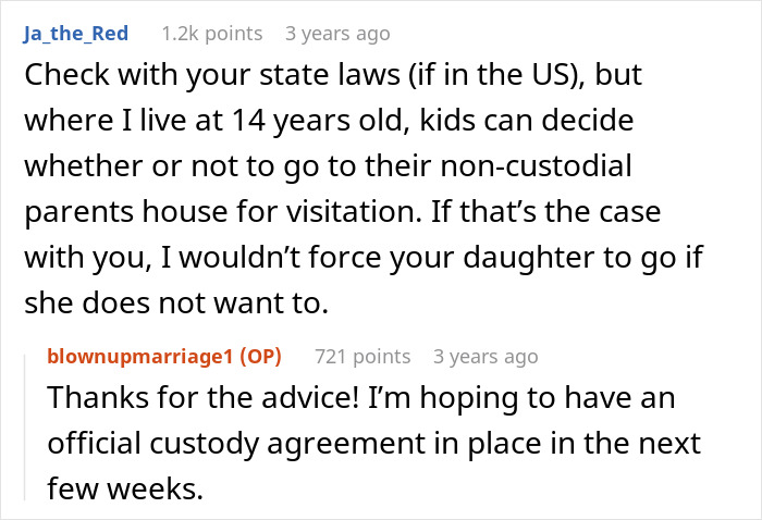 Reddit user advising about state laws on child visitation rights and custody agreements in a family discussion thread.