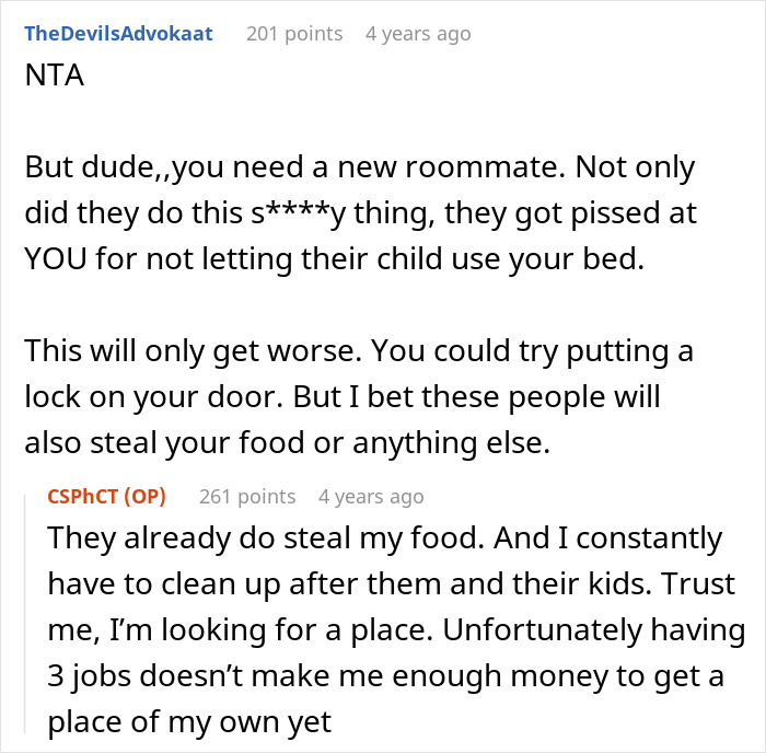 Reddit thread discussing a guy upset about his roommate's kid sleeping in his bed and being kicked out.