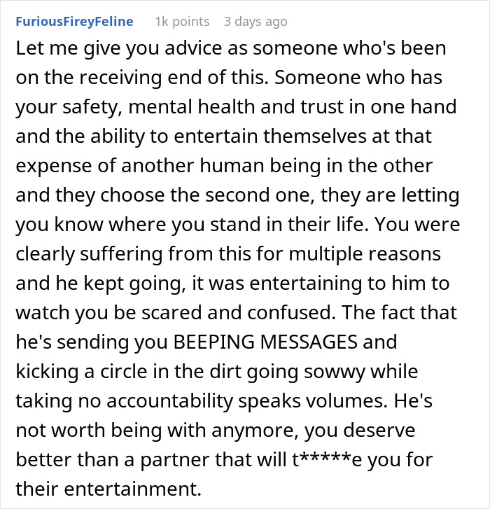 User comment discussing the impact of hidden device prank on woman&rsquo;s mental health and trust in relationship.
