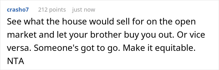 Comment discussing a sibling dispute over a shared house and the brother demanding the sister move out for kids.