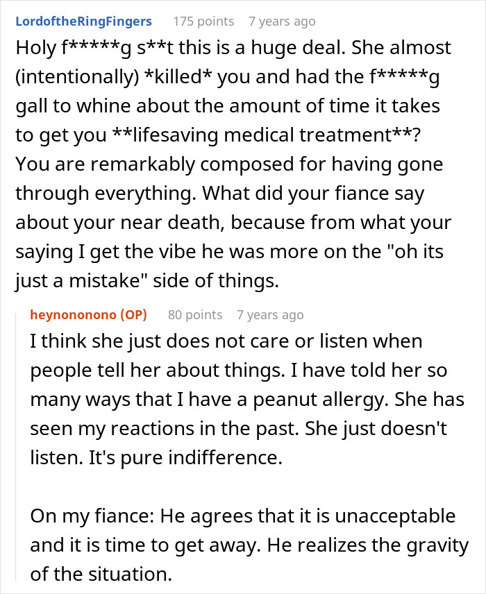 Reddit conversation about woman experiencing anaphylactic shock caused by MIL&rsquo;s indifference to peanut allergy warnings.