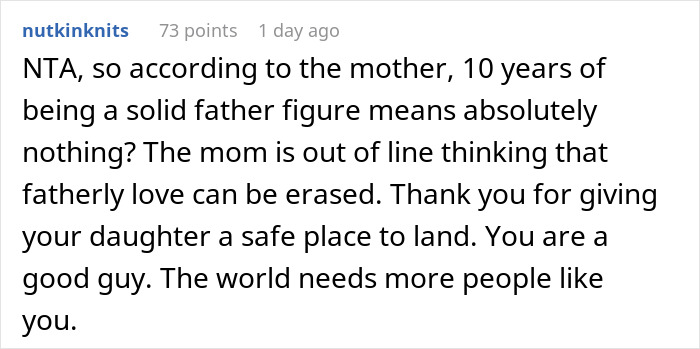 Screenshot of a Reddit comment defending stepdaughter dating and having a love nest after bio-dad said no, sparking mom's fury.