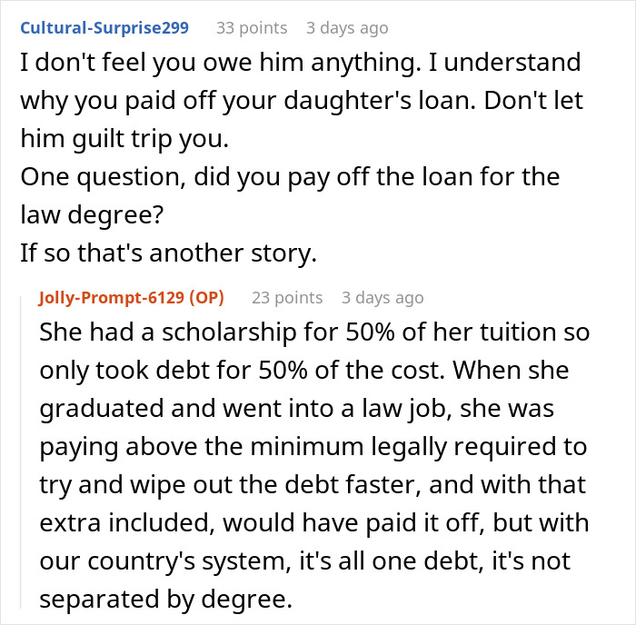 Online discussion about paying off daughter student loans and managing debt from law school tuition and job earnings.