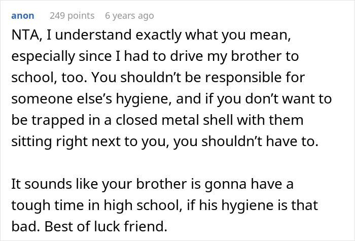 Screenshot of a forum comment discussing hygiene checklist for brother before school drives and related parental views.