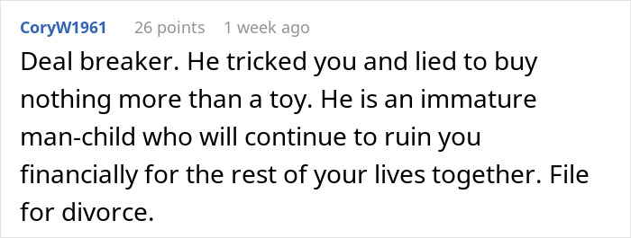 Reddit comment criticizing hubby for prioritizing luxury vehicle purchase with mother-in-law over wife&rsquo;s family plans.