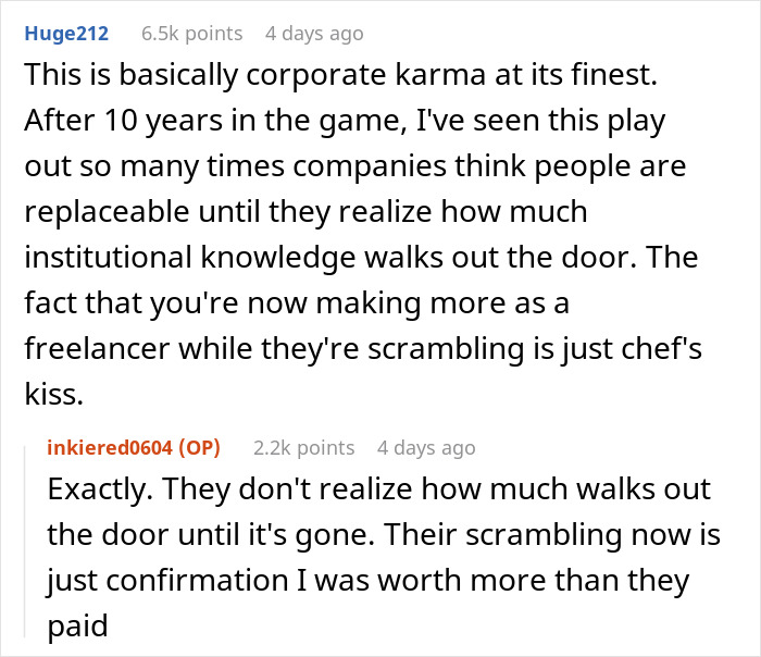 Commenters discussing an employee laid off then poaching company&rsquo;s biggest client, highlighting corporate karma and value lost.