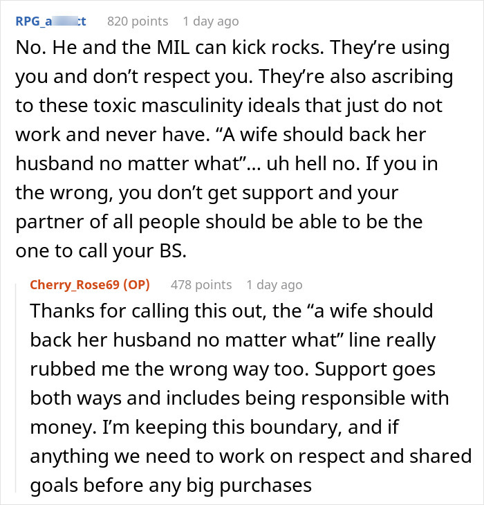 Screenshot of an online discussion about toxic masculinity and respect related to a dream truck loan and inheritance issues.