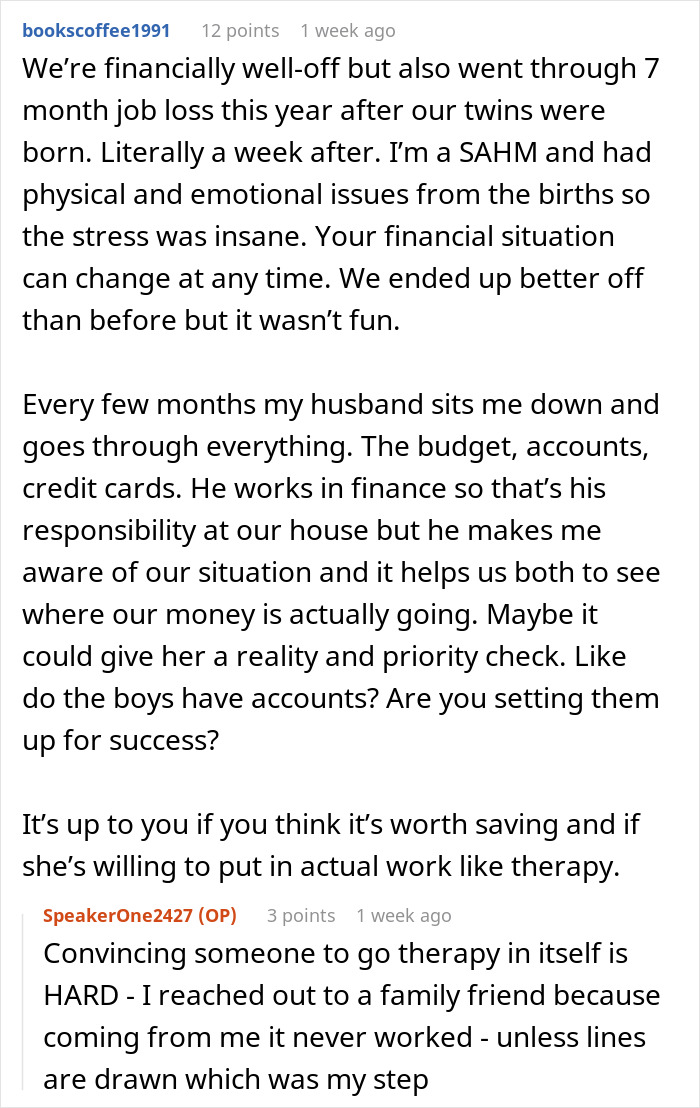 Comment discussing financial struggles and therapy advice related to a wife-turned-mean-once-got-money situation.