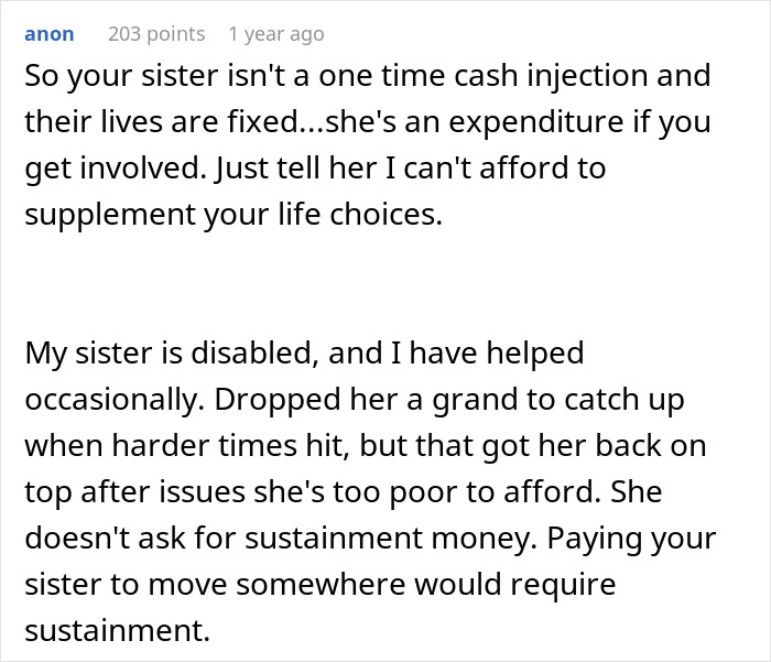 Commenter explains rejecting sister's money requests while sibling posts Ibiza pics, sparking family tension over finances. Commenter explains rejecting sister's money requests while sibling posts Ibiza pics, sparking family tension over finances.