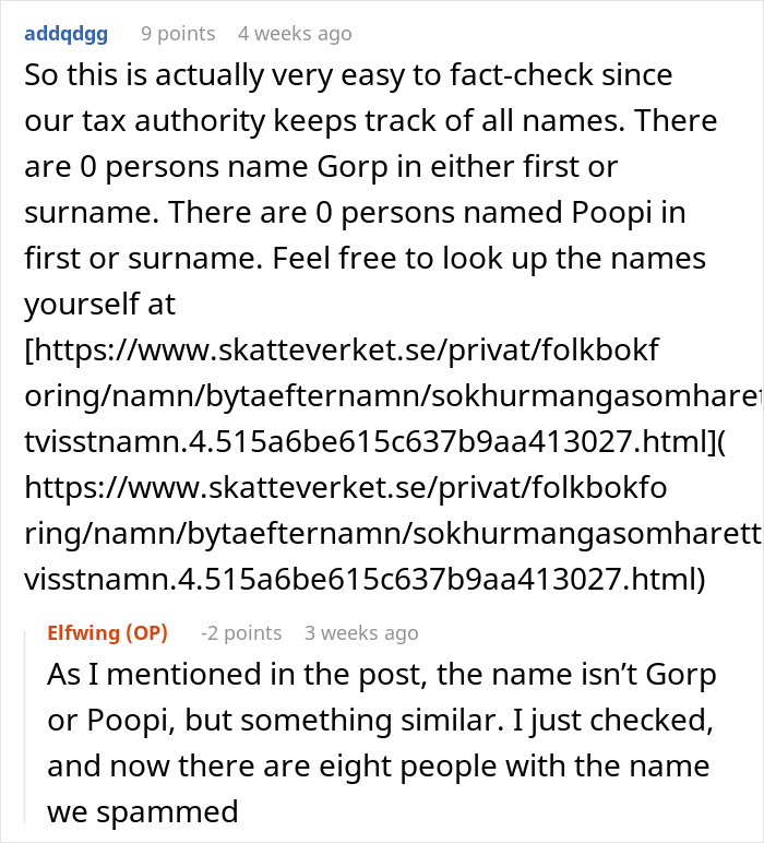 Screenshot of an online discussion about bored teens spamming a baby-naming website with unusual name ideas.