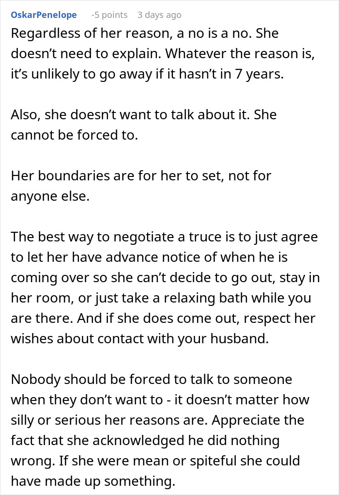 Comment discussing a woman setting boundaries by forbidding her brother-in-law from talking to her despite seeing her nephew less.