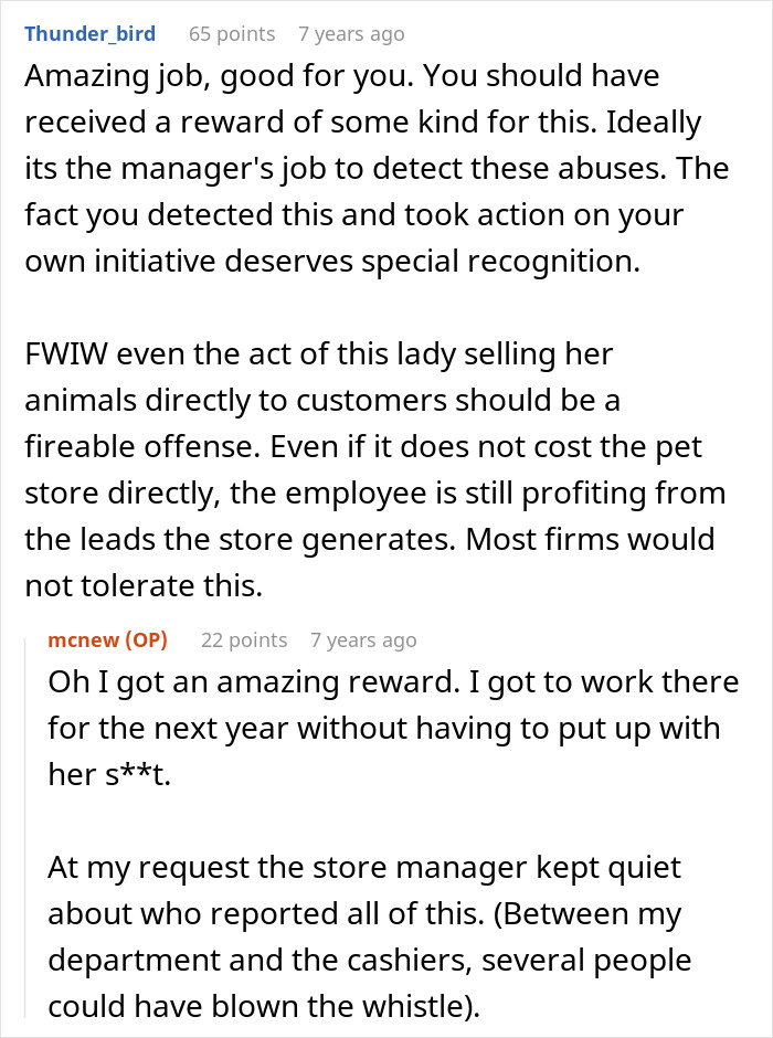 Comment section discussing a pet store manager defrauding the store and employee observations exposing the fraud.