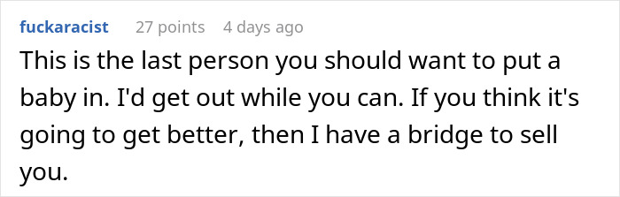 Alt text: Screenshot of a comment discussing a concerning opinion about someone related to a baby shower situation.