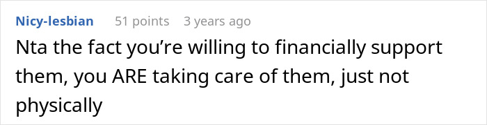 Comment on sister unwanted siblings adoption forums, discussing financial support as a form of care without physical presence.
