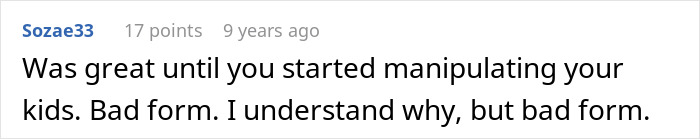 Screenshot of an online comment criticizing manipulation of kids, reflecting a husband's pro revenge after wife cheating.