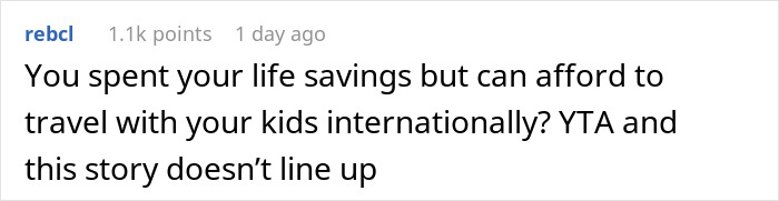 Screenshot of a Reddit comment criticizing a dad for refusing to take teens on a Europe trip over their preference to spend time with their ex.