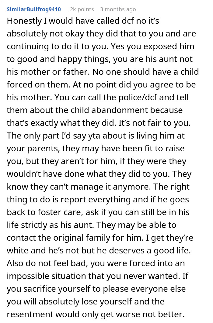 Comment discussing single mom abandoning toddler and parents stepping in to restart life with child's well-being in mind.