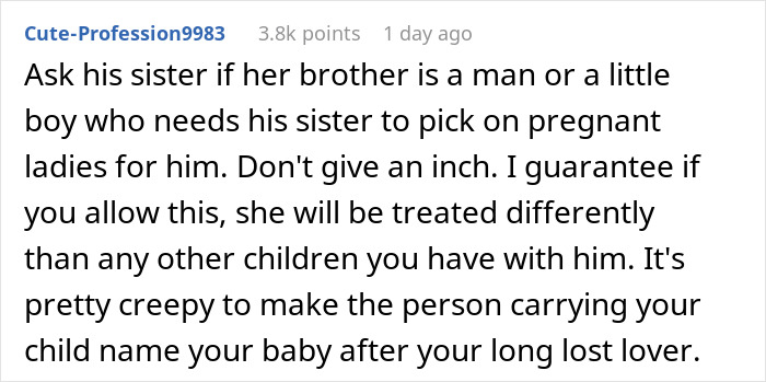 Comment discussing man losing his first girlfriend at 21 and upsetting wife by wanting to name baby after her. Comment discussing man losing his first girlfriend at 21 and upsetting wife by wanting to name baby after her.