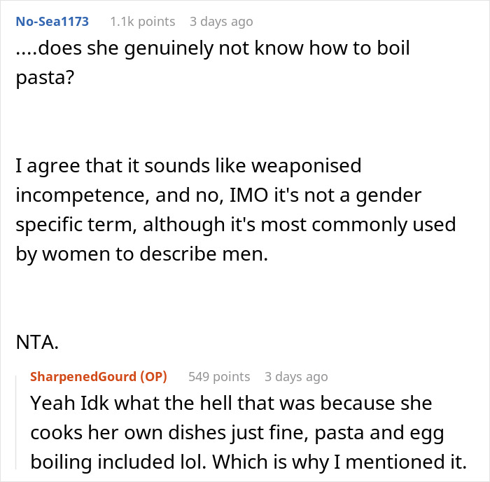 Reddit comments discussing weaponized incompetence with examples of simple tasks like boiling pasta being questioned. Reddit comments discussing weaponized incompetence with examples of simple tasks like boiling pasta being questioned.