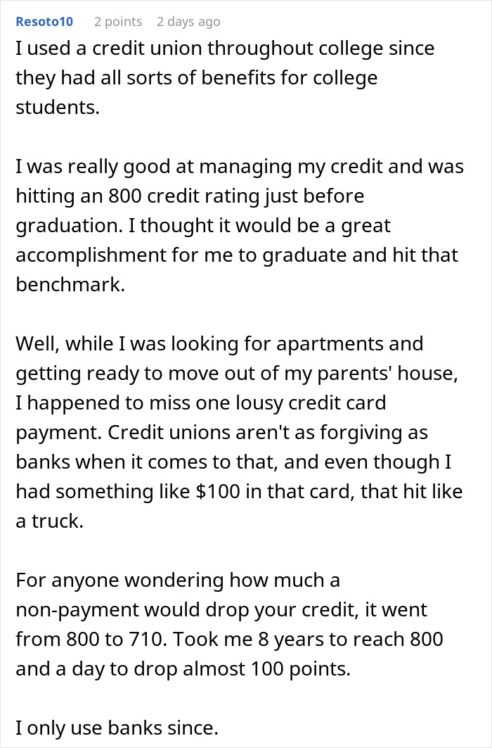 User comment discussing credit management and how a missed payment impacted credit, reflecting on banks and credit unions.