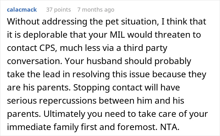 Comment discussing the stress over a potential CPS call due to spouse&rsquo;s parents disapproving of dogs in the home.