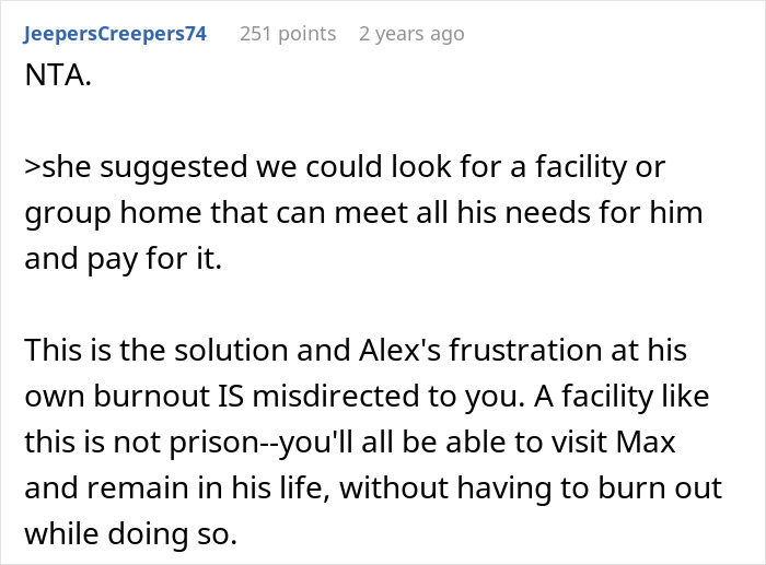 Screenshot of a Reddit comment discussing care options for autistic brother and sibling clashes over responsibility.