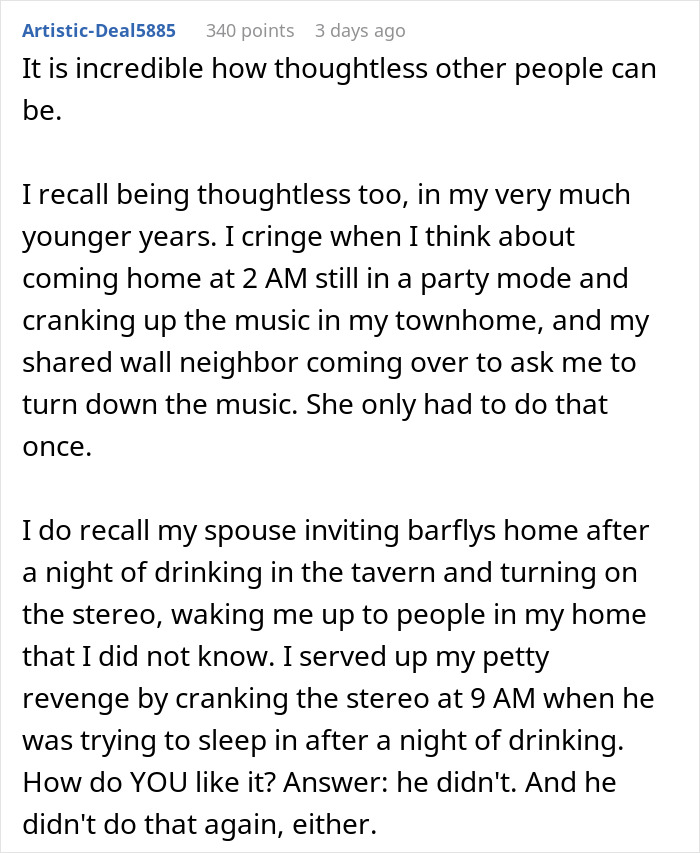 Text post describing a student&rsquo;s petty revenge on a noisy neighbor blasting music late at night.