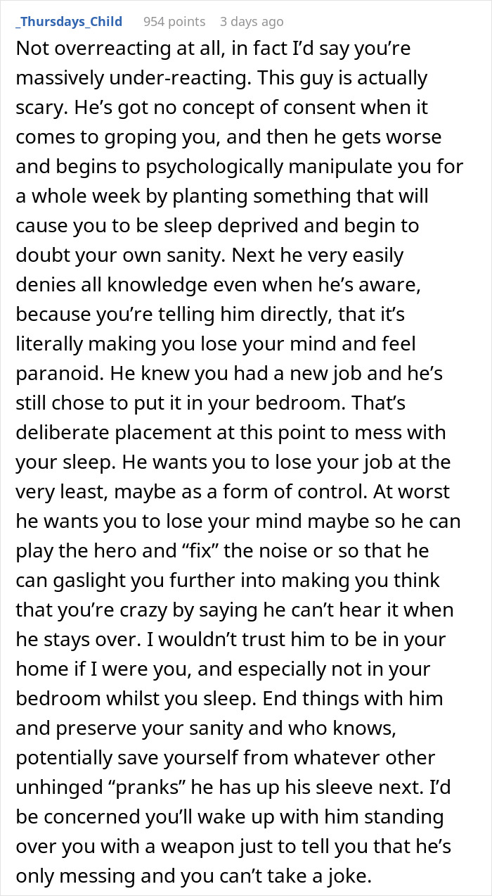 Comment detailing psychological manipulation after woman finds hidden device planted by boyfriend in closet prank.