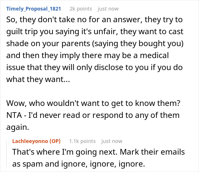 Reddit comments discussing a man&rsquo;s birth family tracking him down after abandonment and his refusal to engage with them.