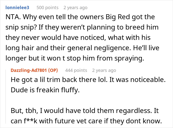 Reddit conversation discussing neutering cat owners drama and the impact on pet care and pet behavior.
