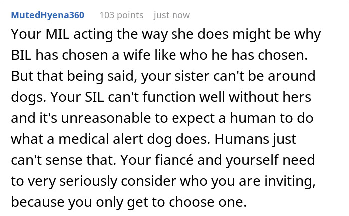Comment discussing tensions over refusing sister-in-law’s service dog at a bride’s wedding event. Comment discussing tensions over refusing sister-in-law’s service dog at a bride’s wedding event.
