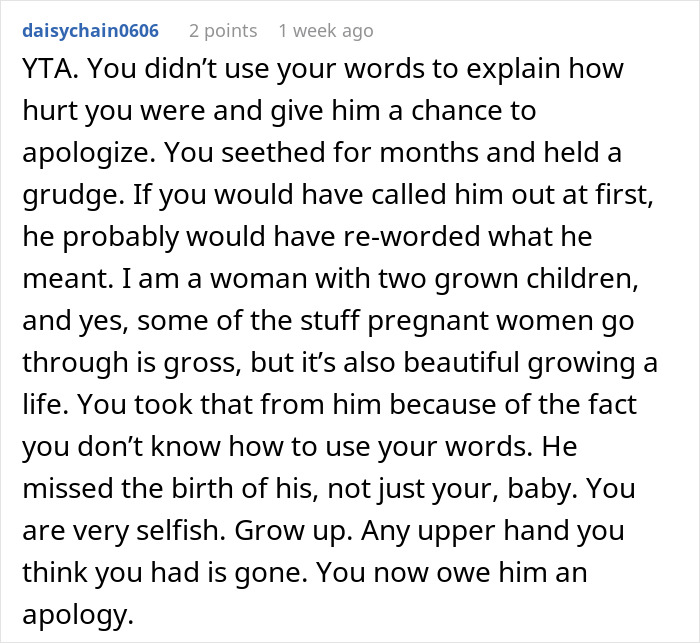 Comment discussing husband calling pregnant wife disgusting and ignoring their baby after being called out online.