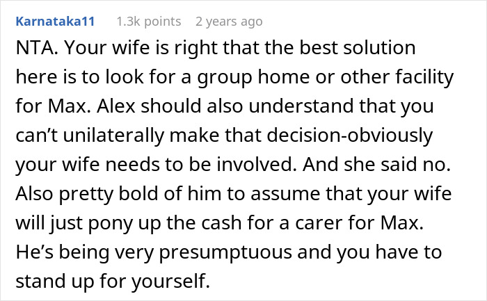Comment discussing orphaned siblings clashing over care for autistic brother and accusations of cruelty for refusing help.
