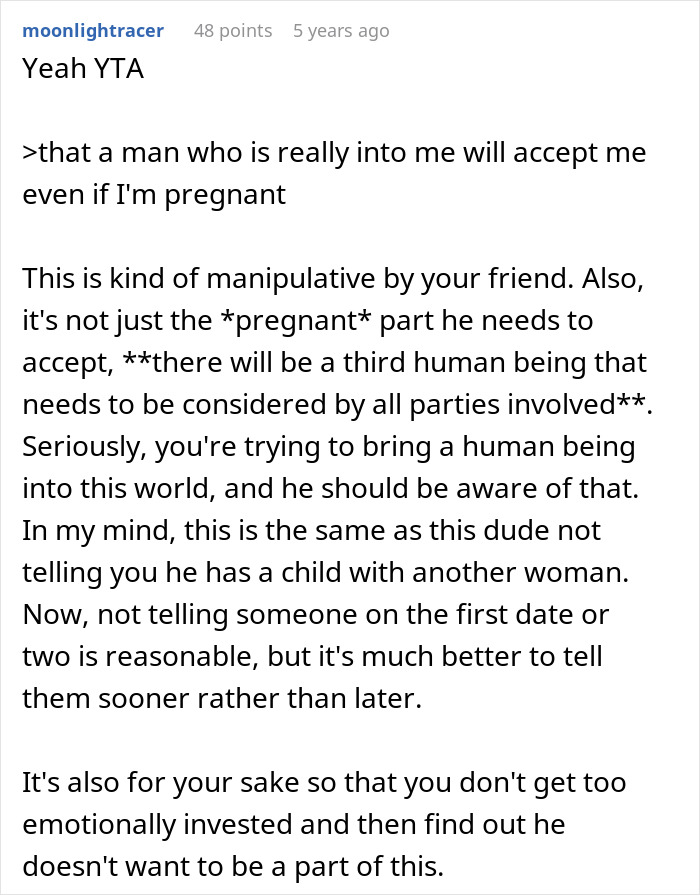Commenter discusses hiding artificial insemination plans and the emotional impact on dating and motherhood decisions.