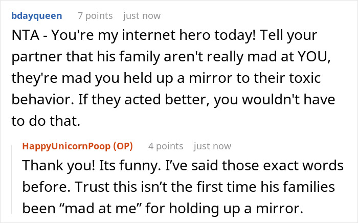 Screenshot of a Reddit conversation where a lady is defended for standing up against a rude hubby in the family.