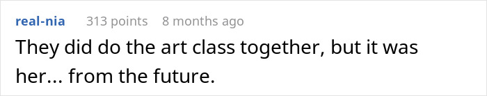 Comment text on a white background discussing a guy convinced he took an art class with his girlfriend who has no memory of it.