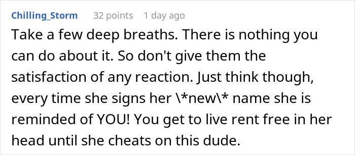 Screenshot of a social media comment discussing a man&rsquo;s ex-wife and her new husband legally changing their name to his full name.