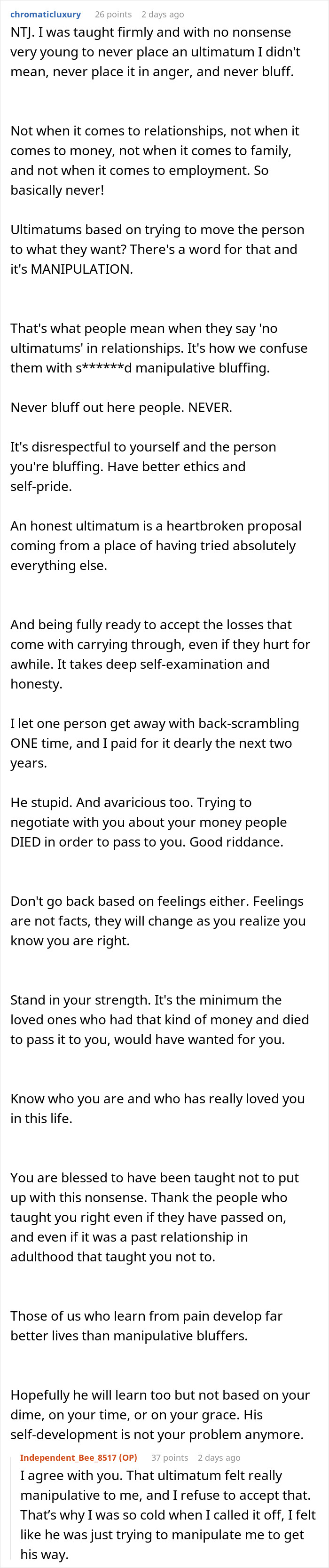 Text conversation about refusing ultimatums in relationships after man insists on 50/50 house ownership with fiancée. Text conversation about refusing ultimatums in relationships after man insists on 50/50 house ownership with fiancée.