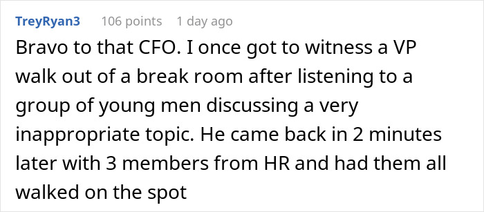 Comment praising CFO for immediate firing of employees over inappropriate body-shaming remarks in a corporate setting.