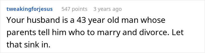 Comment saying husband is anxious after marriage and his parents influence his decision to ask for divorce during wife's IVF.