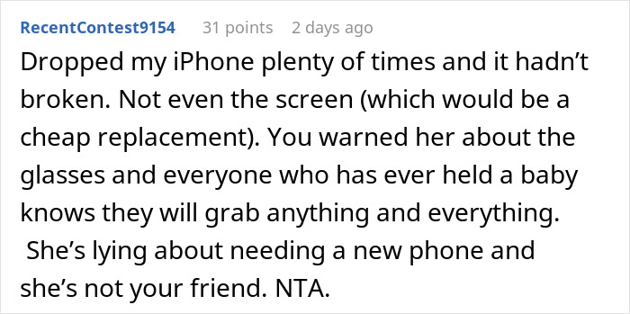 Reddit comment discussing woman refusing to pay &pound;2,300 after baby breaks friend&rsquo;s iPhone and Gucci sunglasses.