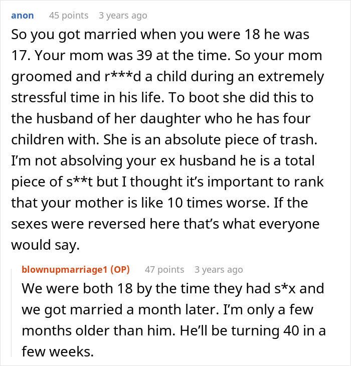 Online text discussing a woman exposing her mom&rsquo;s 22-year affair with her husband after catching them together.