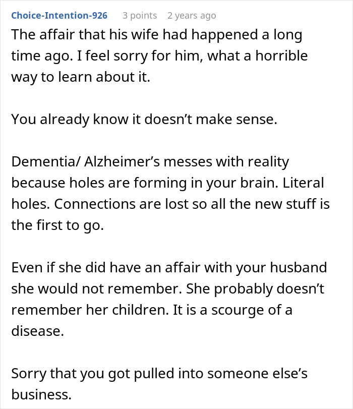 Text conversation discussing an elderly neighbor accusing a couple&rsquo;s guy of having an affair with his wife.