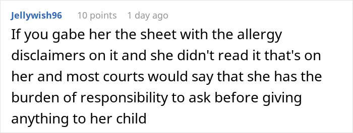 Comment discussing responsibility in a case where a kid with nut allergy grabs a sample and a worker is blamed. Comment discussing responsibility in a case where a kid with nut allergy grabs a sample and a worker is blamed.