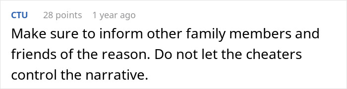 Text post about informing family and friends to avoid cheaters controlling the narrative, relating to a woman&rsquo;s world crumbling after husband's dark secret.