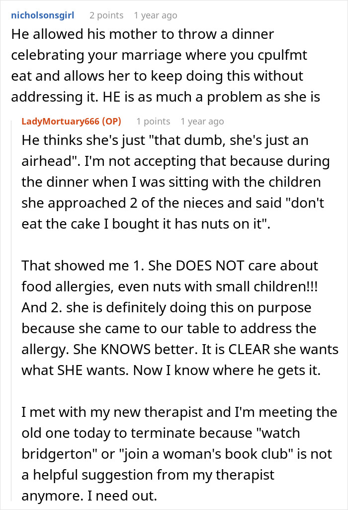Reddit conversation showing a woman exposing her mother-in-law purposely triggering her food allergies at a family dinner. Reddit conversation showing a woman exposing her mother-in-law purposely triggering her food allergies at a family dinner.