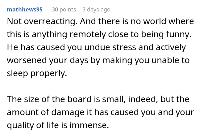 Commenter discussing stress caused by a hidden device prank planted by boyfriend in a closet affecting sleep quality.